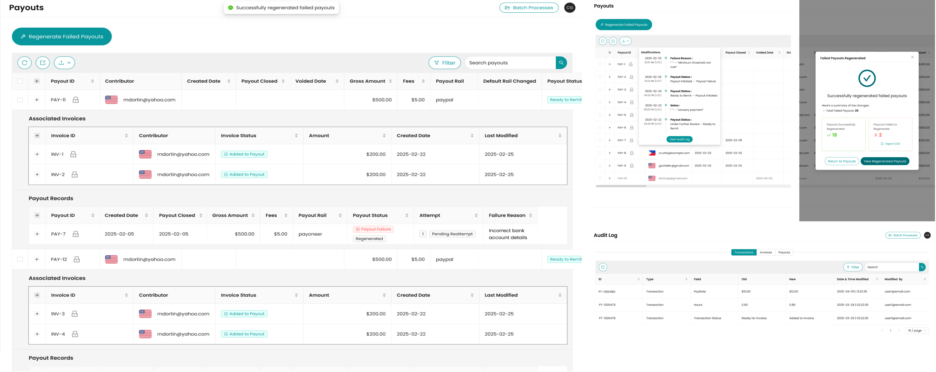 Payouts screenshots: the payouts table with associated invoices and payout records, the regenerate-failed-payouts modification history and success summary, and the audit log filtered by transactions, invoices, and payouts